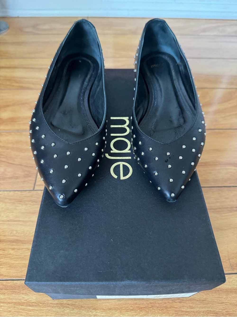Maje Black Pointed Toe Studded Flats